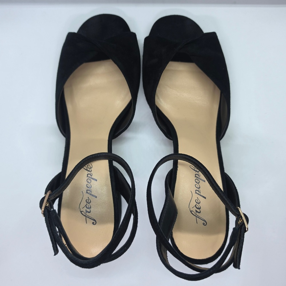 Free People Black Suede Block Heel Ankle Strap Peep Toe Sandals Size 41 - Picture 4 of 10